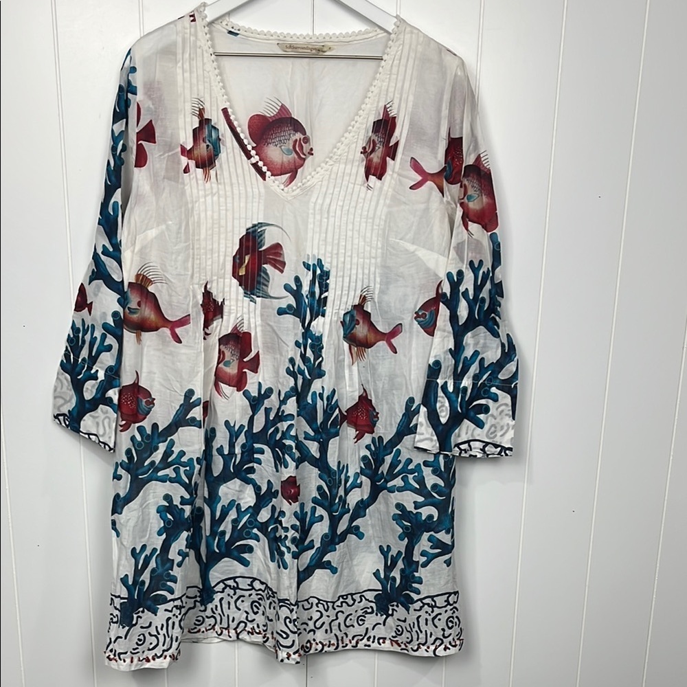 Soft Surroundings White Swim Coverup with Blue Coral and Red Fish Print
